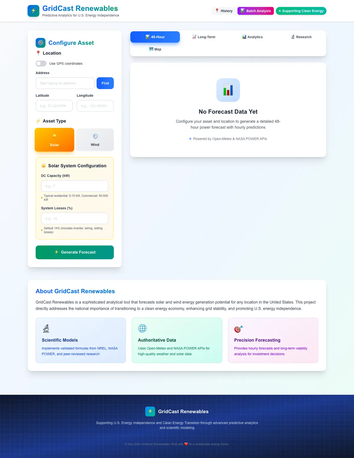GridCast Renewables - Energy Forecasting Platform website, full page