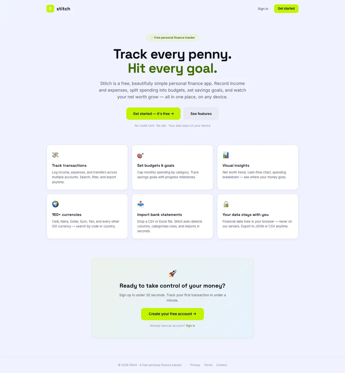 Stitch Finance website, full page
